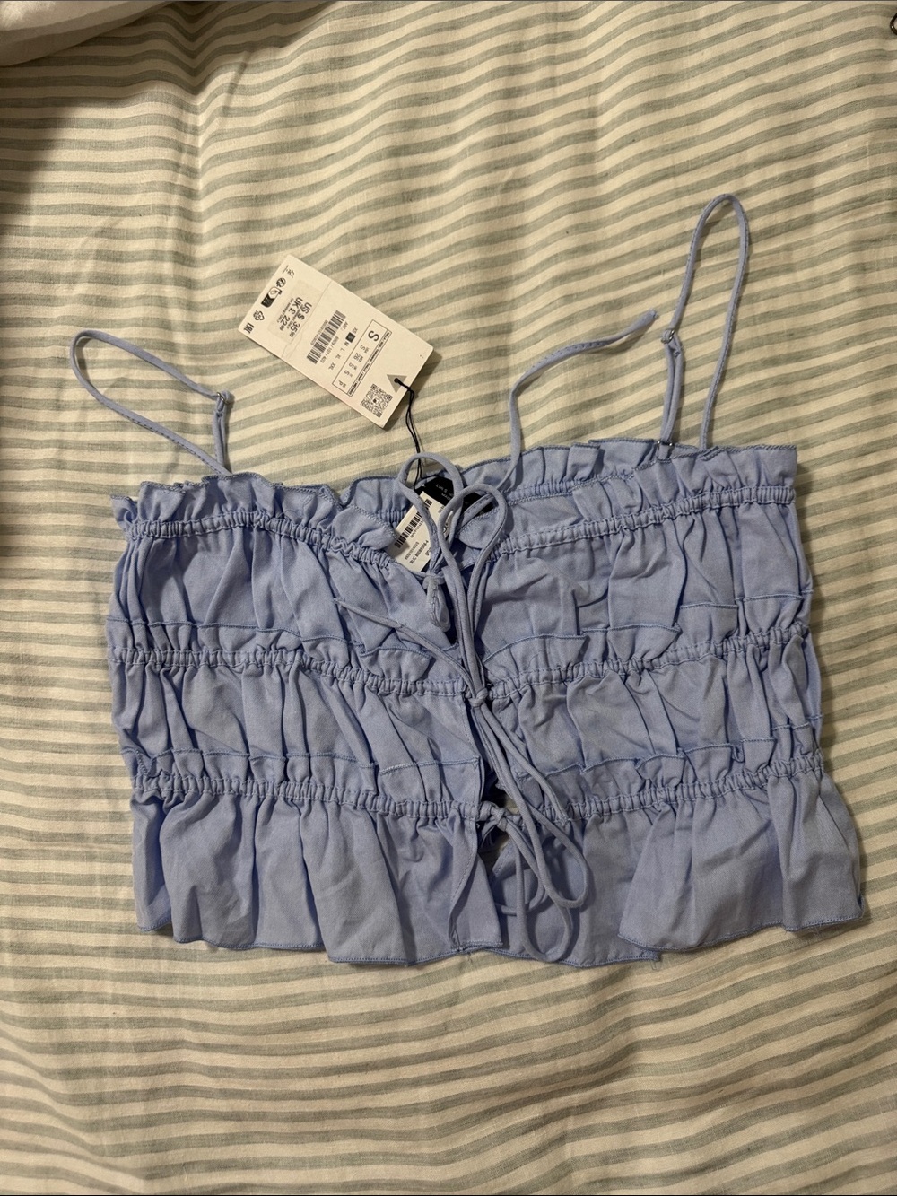 Zara Light Blue Ruched Lace-Up Crop Top
